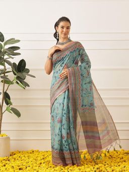 Silk Land - Womens Cotton Chanderi Saree With Unstitched Blouse Beautifull Tassels - Blue