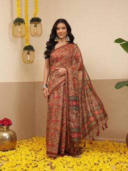 Silk Land - Kalamkari Cotton Chanderi Saree With Unstitched Blouse Beautifull Tassels