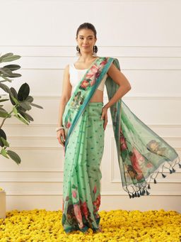 Silk Land - Womens Cotton Chanderi Saree With Unstitched Blouse Beautifull Tassels - Green
