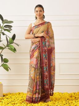 Silk Land - Kalamkari Cotton Chanderi Saree With Unstitched Blouse Beautifull Tassels