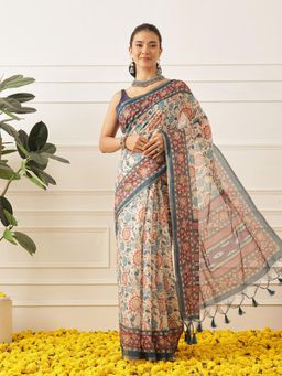 Silk Land - Womens Cotton Chanderi Saree With Unstitched Blouse Beautifull Tassels - Multi-Color