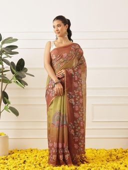 Silk Land - Kalamkari Printed Cotton Chanderi Saree With Unstitched Blouse Beautifull Tassels - Olive