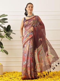 Silk Land - Kalamkari Cotton Chanderi Saree With Unstitched Blouse Beautifull Tassels - Purple