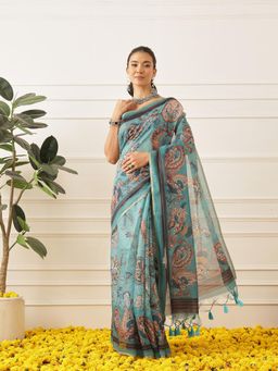 Silk Land - Kalamkari Printed Cotton Chanderi Saree With Unstitched Blouse Beautifull Tassels - Teal