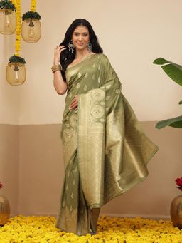 Silk Land - Banarasi Soft Silk Peacock Border Zari Woven Saree With Unstitched Blouse - Olive