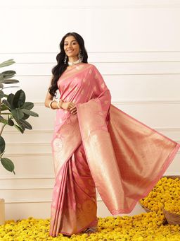 Silk Land - Banarasi Soft Silk Peacock Border Zari Woven Saree With Unstitched Blouse - Pink