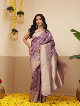 Silk Land - Banarasi Soft Silk Peacock Border Zari Woven Saree With Unstitched Blouse - Purple
