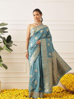 Silk Land - Banarasi Floral Border Butta Work Zari Woven Saree With Unstitched Blouse - Blue