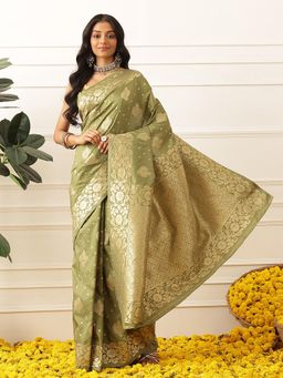 Silk Land - Banarasi Floral Border Butta Work Zari Woven Saree With Unstitched Blouse - Olive