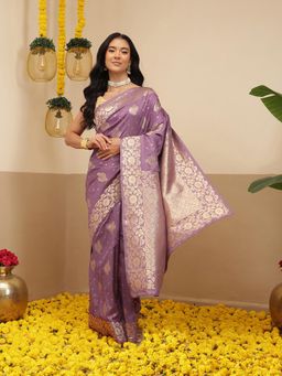 Silk Land - Banarasi Floral Border Butta Work Zari Woven Saree With Unstitched Blouse - Purple