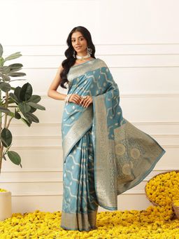 Silk Land - Banarasi Soft Silk Lahariya Work Zari Woven Saree With Unstitched Blouse - Blue