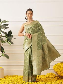 Silk Land - Banarasi Soft Silk Lahariya Work Zari Woven Saree With Unstitched Blouse - Olive
