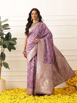 Silk Land - Banarasi Soft Silk Lahariya Work Zari Woven Saree With Unstitched Blouse - Purple