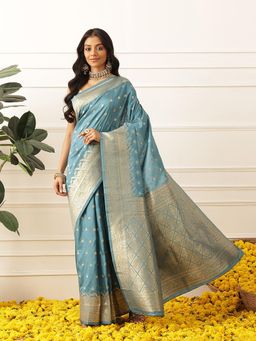Silk Land - Banarasi Soft Silk Small Zari Butta Work Woven Saree With Unstitched Blouse - Blue