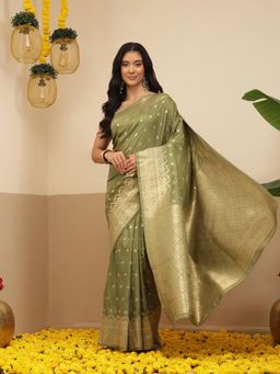 Silk Land - Banarasi Soft Silk Small Zari Butta Work Woven Saree With Unstitched Blouse - Olive