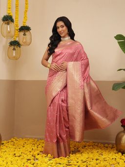 Silk Land - Banarasi Soft Silk Small Zari Butta Work Woven Saree With Unstitched Blouse - Pink