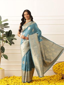 Silk Land - Banarasi Soft Silk Paisley Butta Work Woven Saree With Unstitched Blouse - Blue