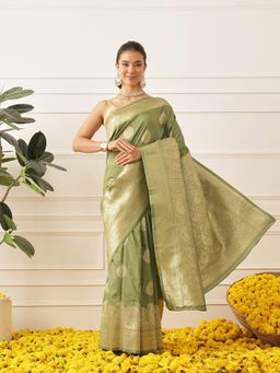 Silk Land - Banarasi Soft Silk Paisley Butta Work Woven Saree With Unstitched Blouse - Olive