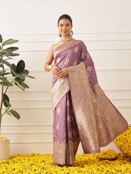 Silk Land - Banarasi Soft Silk Paisley Butta Work Woven Saree With Unstitched Blouse - Purple