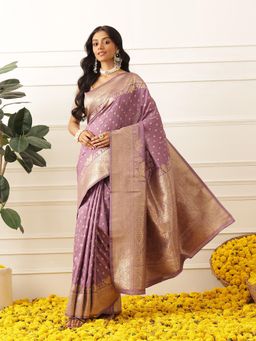Silk Land - Banarasi Soft Silk Zari Butta Work Woven Saree With Unstitched Blouse - Purple