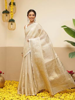 Silk Land - Womens Onam Special Kerla Kasavu Tissue Silk Solid Saree With Unstitched Blouse - Beige