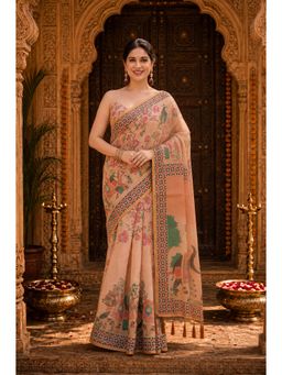 Anjaneya Sarees - Designer Linen Saree With Unstitched Blouse - Peach