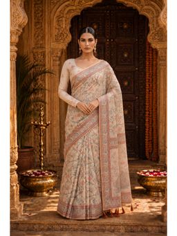 Anjaneya Sarees - Designer Linen Saree With Unstitched Blouse - Beige