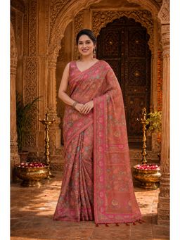 Anjaneya Sarees - Orange Designer Linen Saree With Unstitched Blouse - Pink