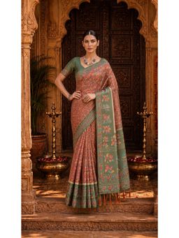Anjaneya Sarees - Red Designer Linen Saree With Unstitched Blouse - Multi-Color