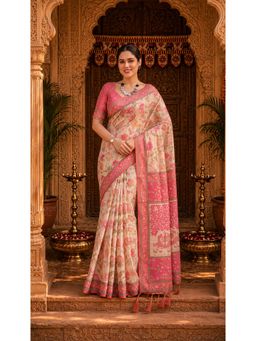 Anjaneya Sarees - Designer Linen Saree With Unstitched Blouse - Pink