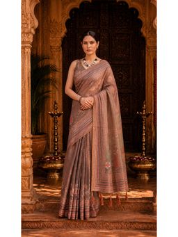 Anjaneya Sarees - Brown Designer Linen Saree with Unstitched Blouse