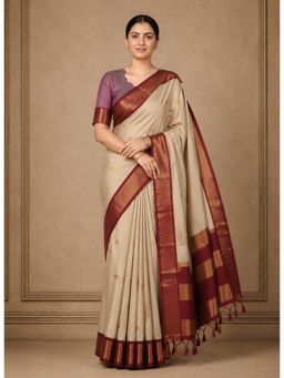 Anjaneya Sarees - Designer Cotton Silk Kanjivaram Saree With Unstitched Blouse - Beige