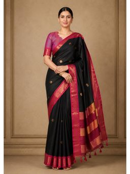 Anjaneya Sarees - Black Designer Cotton Silk Kanjivaram Saree with Unstitched Blouse