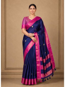 Anjaneya Sarees - Navy Blue Designer Cotton Silk Kanjivaram Saree with Unstitched Blouse