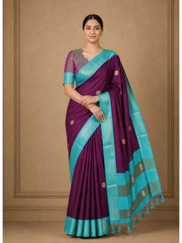 Anjaneya Sarees - Purple Designer Cotton Silk Kanjivaram Saree with Unstitched Blouse
