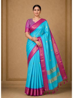 Anjaneya Sarees - Teal Designer Cotton Silk Kanjivaram Saree with Unstitched Blouse