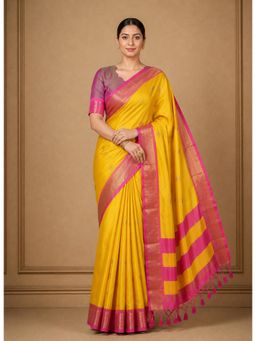 Anjaneya Sarees - Yellow Designer Cotton Silk Kanjivaram Saree with Unstitched Blouse
