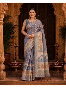 Anjaneya Sarees - Grey Designer Linen Saree with Unstitched Blouse