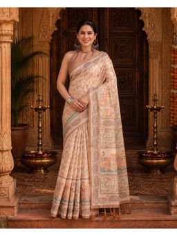 Anjaneya Sarees - Designer Linen Saree With Unstitched Blouse - Beige