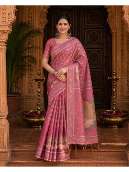 Anjaneya Sarees - Pink Designer Linen Saree with Unstitched Blouse