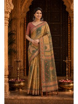 Anjaneya Sarees - Yellow Designer Linen Saree with Unstitched Blouse