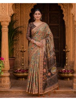 Anjaneya Sarees - Green Designer Linen Saree with Unstitched Blouse