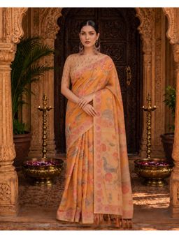 Anjaneya Sarees - Orange Designer Linen Saree with Unstitched Blouse