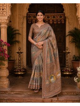 Anjaneya Sarees - Brown Designer Linen Saree with Unstitched Blouse