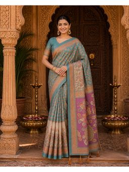 Anjaneya Sarees - Teal Designer Linen Saree with Unstitched Blouse