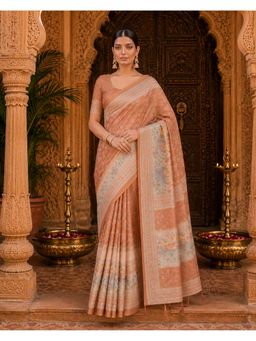 Anjaneya Sarees - Orange Designer Linen Saree with Unstitched Blouse