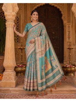 Anjaneya Sarees - Teal Designer Linen Saree with Unstitched Blouse
