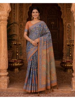 Anjaneya Sarees - Blue Designer Linen Saree with Unstitched Blouse