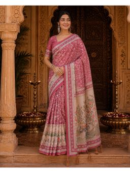 Anjaneya Sarees - Pink Designer Linen Saree with Unstitched Blouse