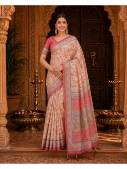 Anjaneya Sarees - Designer Linen Saree With Unstitched Blouse - Pink